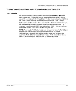 Installation et configuration du bus de terrain CANJ1939

Création ou suppression des objets Transmettre/Recevoir CANJ1939
Vue d’ensemble
Les messages CANJ1939 peuvent être des objets Transmettre ou Recevoir.
Ceux-ci sont créés à l’aide de la boîte de dialogue adéquate (élément ou port)
accessible à partir de la fenêtre Description. Un objet Transmettre est un objet émis
par Twido Extreme. Un objet Recevoir est un objet reçu par Twido Extreme.
Cette section décrit la création et la suppression des objets Transmettre/Recevoir.
Les messages de diffusion sont définis en ajoutant des objets à un port. Les
messages poste à poste sont définis en ajoutant des objets à l’élément adéquat.
Voir Communication sur un réseau CANJ1939, page 331.
NOTE : Au niveau de TwidoSuite, vous pouvez configurer le réseau CANJ1939 pour
les messages (de diffusion ou poste à poste) envoyés par l’automate
Twido Extreme. TwidoSuite peut uniquement être utilisé pour configurer les
automates Twido Extreme. Les produits autres que Twido raccordés au réseau
CANJ1939 ne peuvent pas être configurés à l’aide de TwidoSuite.

35013227 06/2011

341

 