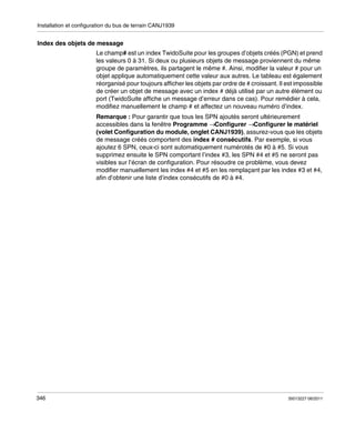 Installation et configuration du bus de terrain CANJ1939

Index des objets de message
Le champ# est un index TwidoSuite pour les groupes d’objets créés (PGN) et prend
les valeurs 0 à 31. Si deux ou plusieurs objets de message proviennent du même
groupe de paramètres, ils partagent le même #. Ainsi, modifier la valeur # pour un
objet applique automatiquement cette valeur aux autres. Le tableau est également
réorganisé pour toujours afficher les objets par ordre de # croissant. Il est impossible
de créer un objet de message avec un index # déjà utilisé par un autre élément ou
port (TwidoSuite affiche un message d’erreur dans ce cas). Pour remédier à cela,
modifiez manuellement le champ # et affectez un nouveau numéro d’index.
Remarque : Pour garantir que tous les SPN ajoutés seront ultérieurement
accessibles dans la fenêtre Programme →Configurer →Configurer le matériel
(volet Configuration du module, onglet CANJ1939), assurez-vous que les objets
de message créés comportent des index # consécutifs. Par exemple, si vous
ajoutez 6 SPN, ceux-ci sont automatiquement numérotés de #0 à #5. Si vous
supprimez ensuite le SPN comportant l’index #3, les SPN #4 et #5 ne seront pas
visibles sur l’écran de configuration. Pour résoudre ce problème, vous devez
modifier manuellement les index #4 et #5 en les remplaçant par les index #3 et #4,
afin d’obtenir une liste d’index consécutifs de #0 à #4.

346

35013227 06/2011

 