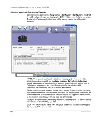 Installation et configuration du bus de terrain CANJ1939

Affichage des objets Transmettre/Recevoir
Sélectionner les commandes Programme →Configurer →Configurer le matériel
(volet Configuration du module, onglet CANJ1939) permet d’afficher les objets
Transmettre/Recevoir précédemment créés, comme montré dans l’illustration
suivante.

NOTE : Pour garantir que tous les objets de message précédemment créés
apparaissent dans ce volet, les objets de message doivent être indexés de
manière consécutive dans la boîte de dialogue de configuration utilisée pour la
Création ou suppression des objets Transmettre/Recevoir CANJ1939
(voir page 346) accessible depuis la fenêtre Description.
Seul le champ Symbole peut être modifié dans ce volet. Si vous modifiez ce champ,
il vous sera demandé si vous souhaitez appliquer ces modifications au moment de
fermer la fenêtre. Si un objet avec un symbole modifié est supprimé ultérieurement,
la modification apportée au symbole n’est pas enregistrée.
Pour plus d’informations sur le champ d’adresse, reportez-vous à la section objets
d’’entrée/sortie CANJ1939, page 357.
Si un SPN est inférieur à 8 bits, ":Xi" est ajouté à l’adresse afin de donner le point
de départ du SPN dans le mot.
350

35013227 06/2011

 