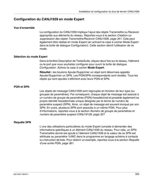 Installation et configuration du bus de terrain CANJ1939

Configuration du CANJ1939 en mode Expert
Vue d’ensemble
La configuration du CANJ1939 implique l’ajout des objets Transmettre ou Recevoir
appropriés aux éléments du réseau. Reportez-vous à la section Création ou
suppression des objets Transmettre/Recevoir CANJ1939, page 341. Cela peut
également être réalisé en mode Expert (en activant la case à cocher Mode Expert
dans la boîte de dialogue Configuration). Cette section décrit l’utilisation de ce
mode.
Sélection du mode Expert
Dans la fenêtre Description de TwidoSuite, cliquez deux fois sur le réseau, l’élément
ou le port que vous souhaitez configurer pour ouvrir la boîte de dialogue
Configuration. Activez la case à cocher Mode Expert.
Résultat : les boutons Ajouter/Supprimer un objet sont désormais appelés
Ajouter/Supprimer un SPN. Les PGN/SPN correspondants sont révélés. Tous les
objets qui sont ajoutés s’affichent avec leurs PGN et SPN.
PGN et SPN
Les objets de message CANJ1939 sont regroupés en fonction de leur type (ou
groupes de paramètres). Par conséquent, chaque objet de message est associé à
un numéro de groupe de paramètres (PGN) hexadécimal et possède également sa
propre identité hexadécimale unique désignée par le terme de numéro de
paramètre suspect (SPN). Ainsi, un objet de message est souvent évoqué par son
SPN. En outre, plusieurs SPN sont associés à un même PGN. Pour plus
d’informations, reportez-vous à la section Numéro de groupe de paramètres et
numéro de paramètre suspect CANJ19139, page 327.
Requête SPN
L’une des utilisations particulières du mode Expert consiste à demander des
informations spécifiques à un élément CANJ1939 du réseau. Pour cela, un SPN
Transmettre donné est ajouté à l’élément CANJ1939 et la valeur de ce SPN est
attribuée au paramètre %IWC dans le programme en langage schéma à contacts
ou instruction de liste. Pour obtenir un exemple, reportez-vous à la section Requête
d’une sortie PGN, page 361.

35013227 06/2011

355

 