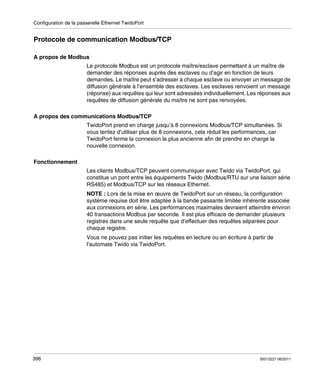 Configuration de la passerelle Ethernet TwidoPort

Protocole de communication Modbus/TCP
A propos de Modbus
Le protocole Modbus est un protocole maître/esclave permettant à un maître de
demander des réponses auprès des esclaves ou d’agir en fonction de leurs
demandes. Le maître peut s’adresser à chaque esclave ou envoyer un message de
diffusion générale à l’ensemble des esclaves. Les esclaves renvoient un message
(réponse) aux requêtes qui leur sont adressées individuellement. Les réponses aux
requêtes de diffusion générale du maître ne sont pas renvoyées.
A propos des communications Modbus/TCP
TwidoPort prend en charge jusqu’à 8 connexions Modbus/TCP simultanées. Si
vous tentez d’utiliser plus de 8 connexions, cela réduit les performances, car
TwidoPort ferme la connexion la plus ancienne afin de prendre en charge la
nouvelle connexion.
Fonctionnement
Les clients Modbus/TCP peuvent communiquer avec Twido via TwidoPort, qui
constitue un pont entre les équipements Twido (Modbus/RTU sur une liaison série
RS485) et Modbus/TCP sur les réseaux Ethernet.
NOTE : Lors de la mise en œuvre de TwidoPort sur un réseau, la configuration
système requise doit être adaptée à la bande passante limitée inhérente associée
aux connexions en série. Les performances maximales devraient atteindre environ
40 transactions Modbus par seconde. Il est plus efficace de demander plusieurs
registres dans une seule requête que d’effectuer des requêtes séparées pour
chaque registre.
Vous ne pouvez pas initier les requêtes en lecture ou en écriture à partir de
l’automate Twido via TwidoPort.

396

35013227 06/2011

 