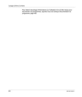 Langage schéma à contacts

Pour obtenir davantage d’informations sur l’utilisation d’un en-tête réseau pour
documenter vos programmes, reportez-vous à la rubrique Documentation du
programme, page 442.

424

35013227 06/2011

 
