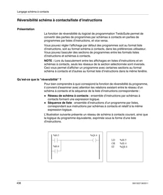 Langage schéma à contacts

Réversibilité schéma à contacts/liste d’instructions
Présentation
La fonction de réversibilité du logiciel de programmation TwidoSuite permet de
convertir des parties de programmes par schémas à contacts en parties de
programmes par listes d’instructions, et vice versa.
Vous pouvez régler l’affichage par défaut des programmes soit au format liste
d’instructions, soit au format schéma à contacts, dans les préférences utilisateur.
Vous pouvez basculer des sections de programmes entre les formats listes
d’instructions et schémas à contacts.
NOTE : Lors du basculement entre les affichages en listes d’instructions et en
schémas à contacts, seuls les réseaux de la section sélectionnée sont inversés.
Ceci vous permet d’afficher un programme avec certaines sections au format
schéma à contacts et d’autres au format liste d’instructions dans la même fenêtre.
Qu’est-ce que la "réversibilité" ?
Pour bien comprendre à quoi correspond la fonction de réversibilité du programme,
il convient d’examiner avec attention les relations existant entre le réseau d’un
schéma à contacts et la séquence de la liste d’instructions correspondante :
Réseau de schéma à contacts : ensemble d’instructions par schémas à
contacts formant une expression logique.
Séquence de liste : ensemble d’instructions d’un programme par listes,
correspondant aux instructions par schémas à contacts et relatif à la même
expression logique.
L’illustration suivante présente un réseau de schéma à contacts courant, ainsi que
la logique du programme équivalente, exprimée sous la forme d’une liste
d’instructions.

438

35013227 06/2011

 