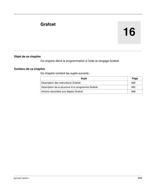 TwidoSuite V2.3
Grafcet
35013227 06/2011

Grafcet

16
Objet de ce chapitre
Ce chapitre décrit la programmation à l’aide du langage Grafcet.
Contenu de ce chapitre
Ce chapitre contient les sujets suivants :
Sujet

Page

Description des instructions Grafcet

465

Actions associées aux étapes Grafcet

35013227 06/2011

460

Description de la structure d’un programme Grafcet

468

459

 