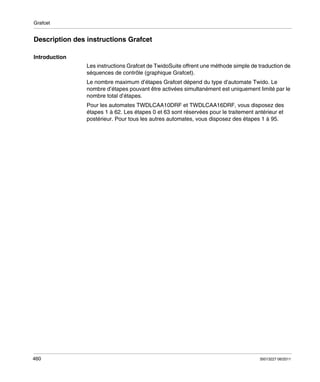 Grafcet

Description des instructions Grafcet
Introduction
Les instructions Grafcet de TwidoSuite offrent une méthode simple de traduction de
séquences de contrôle (graphique Grafcet).
Le nombre maximum d’étapes Grafcet dépend du type d’automate Twido. Le
nombre d’étapes pouvant être activées simultanément est uniquement limité par le
nombre total d’étapes.
Pour les automates TWDLCAA10DRF et TWDLCAA16DRF, vous disposez des
étapes 1 à 62. Les étapes 0 et 63 sont réservées pour le traitement antérieur et
postérieur. Pour tous les autres automates, vous disposez des étapes 1 à 95.

460

35013227 06/2011

 