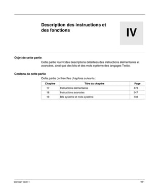 TwidoSuite V2.3
Instructions et fonctions
35013227 06/2011

Description des instructions et
des fonctions

IV

Objet de cette partie
Cette partie fournit des descriptions détaillées des instructions élémentaires et
avancées, ainsi que des bits et des mots système des langages Twido.
Contenu de cette partie
Cette partie contient les chapitres suivants :
Chapitre
17

Titre du chapitre

Page
473

18

Instructions avancées

547

19

35013227 06/2011

Instructions élémentaires

Bits système et mots système

733

471

 