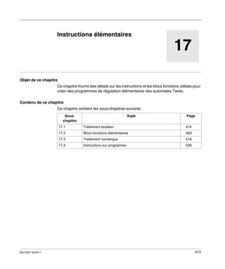 TwidoSuite V2.3
Instructions élémentaires
35013227 06/2011

Instructions élémentaires

17
Objet de ce chapitre
Ce chapitre fournit des détails sur les instructions et les blocs fonctions utilisés pour
créer des programmes de régulation élémentaires des automates Twido.
Contenu de ce chapitre
Ce chapitre contient les sous-chapitres suivants :
Souschapitre

Sujet

Page

17.1
17.2

Blocs fonctions élémentaires

493

17.3

Traitement numérique

518

17.4

35013227 06/2011

Traitement booléen

474

Instructions sur programme

538

473

 