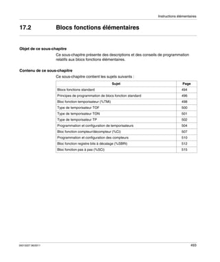 Instructions élémentaires

17.2

Blocs fonctions élémentaires

Objet de ce sous-chapitre
Ce sous-chapitre présente des descriptions et des conseils de programmation
relatifs aux blocs fonctions élémentaires.
Contenu de ce sous-chapitre
Ce sous-chapitre contient les sujets suivants :
Sujet
Blocs fonctions standard

Page
494

Principes de programmation de blocs fonction standard

496

Bloc fonction temporisateur (%TMi)

498

Type de temporisateur TOF

500

Type de temporisateur TON

501

Type de temporisateur TP

502

Programmation et configuration de temporisateurs

504

Bloc fonction compteur/décompteur (%Ci)

507

Programmation et configuration des compteurs

510

Bloc fonction registre bits à décalage (%SBRi)

35013227 06/2011

512

Bloc fonction pas à pas (%SCi)

515

493

 