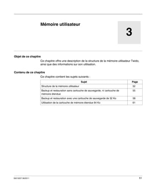 TwidoSuite V2.3
Mémoire utilisateur
35013227 06/2011

Mémoire utilisateur

3
Objet de ce chapitre
Ce chapitre offre une description de la structure de la mémoire utilisateur Twido,
ainsi que des informations sur son utilisation.
Contenu de ce chapitre
Ce chapitre contient les sujets suivants :
Sujet

Page

Structure de la mémoire utilisateur
Backup et restauration sans cartouche de sauvegarde, ni cartouche de
mémoire étendue

55

Backup et restauration avec une cartouche de sauvegarde de 32 Ko

58

Utilisation de la cartouche de mémoire étendue 64 Ko

35013227 06/2011

52

61

51

 