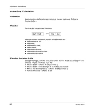 Instructions élémentaires

Instructions d’affectation
Présentation
Les instructions d’affectation permettent de charger l’opérande Op2 dans
l’opérande Op1.
Affectation
Syntaxe des instructions d’affectation

Les opérations d’affectation peuvent être exécutées sur :
des chaînes de bits ;
des mots ;
des mots doubles ;
des flottants ;
des tables de mots ;
des tables de mots doubles ;
des tables de flottants.
Affectation de chaînes de bits
Les opérations peuvent être exécutées sur les chaînes de bits suivantes (voir souschapitre <Objets structurés, page 44) :
Chaîne de bit -> chaîne de bit (Exemple 1)
Chaîne de bit -> mot (Exemple 2) ou mot double (indexé)
Mot ou mot double (indexé) -> chaîne de bit (Exemple 3)
Valeur immédiate -> chaîne de bit

520

35013227 06/2011

 