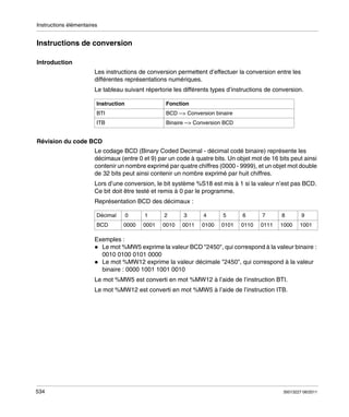 Instructions élémentaires

Instructions de conversion
Introduction
Les instructions de conversion permettent d’effectuer la conversion entre les
différentes représentations numériques.
Le tableau suivant répertorie les différents types d’instructions de conversion.
Instruction

Fonction

BTI

BCD --> Conversion binaire

ITB

Binaire --> Conversion BCD

Révision du code BCD
Le codage BCD (Binary Coded Decimal - décimal codé binaire) représente les
décimaux (entre 0 et 9) par un code à quatre bits. Un objet mot de 16 bits peut ainsi
contenir un nombre exprimé par quatre chiffres (0000 - 9999), et un objet mot double
de 32 bits peut ainsi contenir un nombre exprimé par huit chiffres.
Lors d’une conversion, le bit système %S18 est mis à 1 si la valeur n’est pas BCD.
Ce bit doit être testé et remis à 0 par le programme.
Représentation BCD des décimaux :
Décimal

0

1

2

3

4

5

6

7

8

9

BCD

0000

0001

0010

0011

0100

0101

0110

0111

1000

1001

Exemples :
Le mot %MW5 exprime la valeur BCD "2450", qui correspond à la valeur binaire :
0010 0100 0101 0000
Le mot %MW12 exprime la valeur décimale "2450", qui correspond à la valeur
binaire : 0000 1001 1001 0010
Le mot %MW5 est converti en mot %MW12 à l’aide de l’instruction BTI.
Le mot %MW12 est converti en mot %MW5 à l’aide de l’instruction ITB.

534

35013227 06/2011

 