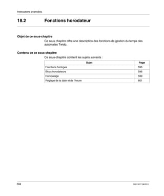 Instructions avancées

18.2

Fonctions horodateur

Objet de ce sous-chapitre
Ce sous chapitre offre une description des fonctions de gestion du temps des
automates Twido.
Contenu de ce sous-chapitre
Ce sous-chapitre contient les sujets suivants :
Sujet
Fonctions horloges

Page
595

Blocs horodateurs

599

Réglage de la date et de l’heure

594

596

Horodatage

601

35013227 06/2011

 