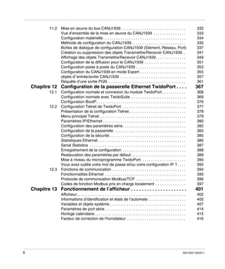 11.2

Mise en œuvre du bus CANJ1939. . . . . . . . . . . . . . . . . . . . . . . . . . . . . .
Vue d’ensemble de la mise en œuvre du CANJ1939 . . . . . . . . . . . . . . .
Configuration matérielle . . . . . . . . . . . . . . . . . . . . . . . . . . . . . . . . . . . . . .
Méthode de configuration du CANJ1939 . . . . . . . . . . . . . . . . . . . . . . . . .
Boîtes de dialogue de configuration CANJ1939 (Elément, Réseau, Port)
Création ou suppression des objets Transmettre/Recevoir CANJ1939. .
Affichage des objets Transmettre/Recevoir CANJ1939. . . . . . . . . . . . . .
Configuration de la diffusion pour le CANJ1939 . . . . . . . . . . . . . . . . . . .
Configuration poste à poste du CANJ1939 . . . . . . . . . . . . . . . . . . . . . . .
Configuration du CANJ1939 en mode Expert . . . . . . . . . . . . . . . . . . . . .
objets d’’entrée/sortie CANJ1939 . . . . . . . . . . . . . . . . . . . . . . . . . . . . . .
Requête d’une sortie PGN . . . . . . . . . . . . . . . . . . . . . . . . . . . . . . . . . . . .

332
333
334
335
337
341
349
351
353
355
357
361

Chapitre 12 Configuration de la passerelle Ethernet TwidoPort . . . .

367

12.1

Configuration normale et connexion du module TwidoPort . . . . . . . . . . .
Configuration normale avec TwidoSuite . . . . . . . . . . . . . . . . . . . . . . . . .
Configuration BootP. . . . . . . . . . . . . . . . . . . . . . . . . . . . . . . . . . . . . . . . .
Configuration Telnet de TwidoPort . . . . . . . . . . . . . . . . . . . . . . . . . . . . .
Présentation de la configuration Telnet . . . . . . . . . . . . . . . . . . . . . . . . . .
Menu principal Telnet. . . . . . . . . . . . . . . . . . . . . . . . . . . . . . . . . . . . . . . .
Paramètres IP/Ethernet . . . . . . . . . . . . . . . . . . . . . . . . . . . . . . . . . . . . . .
Configuration des paramètres série. . . . . . . . . . . . . . . . . . . . . . . . . . . . .
Configuration de la passerelle . . . . . . . . . . . . . . . . . . . . . . . . . . . . . . . . .
Configuration de la sécurité . . . . . . . . . . . . . . . . . . . . . . . . . . . . . . . . . . .
Statistiques Ethernet . . . . . . . . . . . . . . . . . . . . . . . . . . . . . . . . . . . . . . . .
Serial Statistics . . . . . . . . . . . . . . . . . . . . . . . . . . . . . . . . . . . . . . . . . . . .
Enregistrement de la configuration . . . . . . . . . . . . . . . . . . . . . . . . . . . . .
Restauration des paramètres par défaut . . . . . . . . . . . . . . . . . . . . . . . . .
Mise à niveau du microprogramme TwidoPort . . . . . . . . . . . . . . . . . . . .
Vous avez oublié votre mot de passe et/ou votre configuration IP ? . . . .
Fonctions de communication . . . . . . . . . . . . . . . . . . . . . . . . . . . . . . . . . .
Fonctionnalités Ethernet . . . . . . . . . . . . . . . . . . . . . . . . . . . . . . . . . . . . .
Protocole de communication Modbus/TCP . . . . . . . . . . . . . . . . . . . . . . .
Codes de fonction Modbus pris en charge localement . . . . . . . . . . . . . .

368
369
376
377
378
379
380
382
383
385
386
387
388
389
390
392
394
395
396
397

Chapitre 13 Fonctionnement de l’afficheur . . . . . . . . . . . . . . . . . . . . .

401

Afficheur. . . . . . . . . . . . . . . . . . . . . . . . . . . . . . . . . . . . . . . . . . . . . . . . . .
Informations d’identification et états de l’automate . . . . . . . . . . . . . . . . .
Variables et objets système . . . . . . . . . . . . . . . . . . . . . . . . . . . . . . . . . . .
Paramètres de port série . . . . . . . . . . . . . . . . . . . . . . . . . . . . . . . . . . . . .
Horloge calendaire. . . . . . . . . . . . . . . . . . . . . . . . . . . . . . . . . . . . . . . . . .
Facteur de correction de l’horodateur . . . . . . . . . . . . . . . . . . . . . . . . . . .

402
405
407
414
415
416

12.2

12.3

6

35013227 06/2011

 