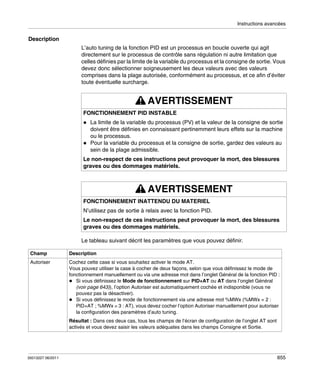 Instructions avancées

Description
L’auto tuning de la fonction PID est un processus en boucle ouverte qui agit
directement sur le processus de contrôle sans régulation ni autre limitation que
celles définies par la limite de la variable du processus et la consigne de sortie. Vous
devez donc sélectionner soigneusement les deux valeurs avec des valeurs
comprises dans la plage autorisée, conformément au processus, et ce afin d’éviter
toute éventuelle surcharge.

AVERTISSEMENT
FONCTIONNEMENT PID INSTABLE
La limite de la variable du processus (PV) et la valeur de la consigne de sortie
doivent être définies en connaissant pertinemment leurs effets sur la machine
ou le processus.
Pour la variable du processus et la consigne de sortie, gardez des valeurs au
sein de la plage admissible.
Le non-respect de ces instructions peut provoquer la mort, des blessures
graves ou des dommages matériels.

AVERTISSEMENT
FONCTIONNEMENT INATTENDU DU MATERIEL
N’utilisez pas de sortie à relais avec la fonction PID.
Le non-respect de ces instructions peut provoquer la mort, des blessures
graves ou des dommages matériels.
Le tableau suivant décrit les paramètres que vous pouvez définir.
Champ

Description

Autoriser

Cochez cette case si vous souhaitez activer le mode AT.
Vous pouvez utiliser la case à cocher de deux façons, selon que vous définissez le mode de
fonctionnement manuellement ou via une adresse mot dans l’onglet Général de la fonction PID :
Si vous définissez le Mode de fonctionnement sur PID+AT ou AT dans l’onglet Général
(voir page 643)), l’option Autoriser est automatiquement cochée et indisponible (vous ne
pouvez pas la désactiver).
Si vous définissez le mode de fonctionnement via une adresse mot %MWx (%MWx = 2 :
PID+AT ; %MWx = 3 : AT), vous devez cocher l’option Autoriser manuellement pour autoriser
la configuration des paramètres d’auto tuning.
Résultat : Dans ces deux cas, tous les champs de l’écran de configuration de l’onglet AT sont
activés et vous devez saisir les valeurs adéquates dans les champs Consigne et Sortie.

35013227 06/2011

655

 