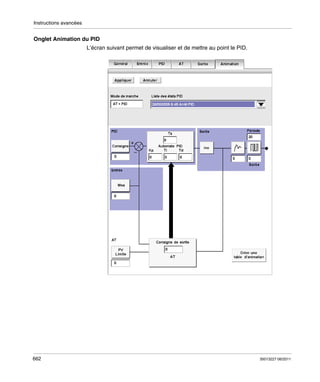 Instructions avancées

Onglet Animation du PID
L’écran suivant permet de visualiser et de mettre au point le PID.

662

35013227 06/2011

 