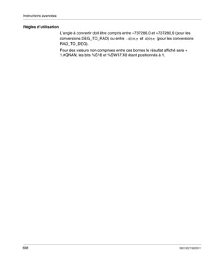 Instructions avancées

Règles d’utilisation
L’angle à convertir doit être compris entre –737280,0 et +737280,0 (pour les
conversions DEG_TO_RAD) ou entre
et
(pour les conversions
RAD_TO_DEG).
Pour des valeurs non comprises entre ces bornes le résultat affiché sera +
1.#QNAN, les bits %S18 et %SW17:X0 étant positionnés à 1.

698

35013227 06/2011

 