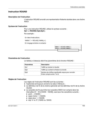 Instructions avancées

Instruction ROUND
Description de l’instruction
L’instruction ROUND arrondit une représentation flottante stockée dans une chaîne
ASCII.
Syntaxe de l’instruction
Pour une instruction ROUND, utilisez la syntaxe suivante :
Op1 := ROUND( Op2,Op3 ).
Par exemple :

Paramètres de l’instruction
Le tableau ci-dessous décrit les paramètres de la fonction ROUND :
Paramètres

Description

Op1

%MW qui stocke le résultat

Op2

%MW qui contient le flottant à arrondir.

Op3

Nombre de chiffres significatifs requis pour arrondir.
Entier compris entre 1 et 8.

Règles de l’instruction
Les règles de l’instruction ROUND sont les suivantes :
l’opérande est toujours arrondi à la valeur inférieure ;
Le délimiteur de fin de la chaîne opérande sert de délimiteur de fin de la chaîne
résultat.
Le caractère de fin peut être tout caractère ASCII non compris dans les
intervalles [’0’ - ’9’] ([16#30 - 16#39]), sauf pour les caractères suivants :
point . ; (16#2E) ;
signe moins ’-’ (16#2D)
signe plus ’+’ (16#2B)
exp ’e’ ou ’E’ (16#65 ou 16#45)

35013227 06/2011

703

 