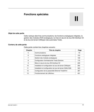 TwidoSuite V2.3
Fonctions spéciales
35013227 06/2011

Fonctions spéciales

II
Objet de cette partie
Cette rubrique décrit les communications, les fonctions analogiques intégrées, la
gestion des modules d’E/S analogiques, la mise en œuvre du bus AS-Interface V2
et du bus de terrain CANopen des automates Twido.
Contenu de cette partie
Cette partie contient les chapitres suivants :
Chapitre

Titre du chapitre

Page

5

Communications

73

6

Fonctions analogiques intégrées

153

7

Gestion des modules analogiques

159

8

Configuration d’entrée/sortie Twido Extreme

175

9

Mise en œuvre du bus AS-Interface V2

229

10

Installation et configuration du bus de terrain CANopen

265

11

Installation et configuration du bus de terrain CANJ1939

323

12

35013227 06/2011

Configuration de la passerelle Ethernet TwidoPort

367

13

Fonctionnement de l’afficheur

401

71

 