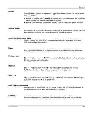 Glossaire

Effacer
Commande qui permet de supprimer l’application de l’automate. Deux opérations
sont possibles :
Effacer le contenu de la RAM de l’automate, de l’EEPROM interne de l’automate
et de la cartouche de backup en option installée.
Effacer uniquement le contenu de la cartouche de backup en option installée.

En-tête réseau
Panneau apparaissant directement sur un réseau de schéma à contacts et pouvant
être utilisé pour donner des informations sur la finalité de celui-ci.

Entrée à mémorisation d’état
Les impulsions entrantes sont capturées et enregistrées afin d’être analysées
ultérieurement par l’application.

Etape
Une étape Grafcet désigne un état du fonctionnement séquentiel de l’automate.

Etat connecté
Etat de fonctionnement de TwidoSuite qui est affiché dans la barre d’état lorsqu’un
PC est connecté à un automate.

Etat Init
Etat de fonctionnement de TwidoSuite affiché dans la barre d’état lorsque
TwidoSuite est démarré ou qu’aucune application n’est ouverte.

Etat local
Etat de fonctionnement de TwidoSuite qui est affiché dans la barre d’état lorsque
aucun PC n’est connecté à un automate.

Etats de fonctionnement
Indique l’état de TwidoSuite. Affiché dans la barre d’état. Il existe quatre états de
fonctionnement : initial, local, connecté et sureveillance.

Exécuter
Commande permettant d’exécuter un programme d’application sur l’automate.

35013227 06/2011

765

 