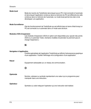 Glossaire

Mode local
Mode de marche de TwidoSuite dans lequel aucun PC n’est connecté à l’automate
et dans lequel l’application contenue dans la mémoire du PC est différente de celle
contenue dans la mémoire de l’automate. Le mode local permet de créer et de
développer une application.

Mode Surveillance
Etat de fonctionnement de TwidoSuite qui est affiché dans la barre d’état lorsqu’un
PC est connecté à un automate dans un mode sans écriture.

Modules d’E/S d’expansion
Les modules d’expansion d’E/S en option sont disponibles pour ajouter des points
d’E/S à un automate Twido. (Certains modèles d’automate ne prennent pas en
charge l’expansion.)

N
Navigateur d’application
Fenêtre spécialisée de l’application TwidoSuite qui affiche l’arborescence graphique
d’une application. Facilite l’affichage et la configuration d’une application.

Nœud
Equipement adressable sur un réseau de communication.

O
Opérande
Nombre, adresse ou symbole représentant une valeur qu’un programme peut
manipuler dans une instruction.

Opérateur
Symbole ou code indiquant l’opération qu’une instruction doit réaliser.

770

35013227 06/2011

 
