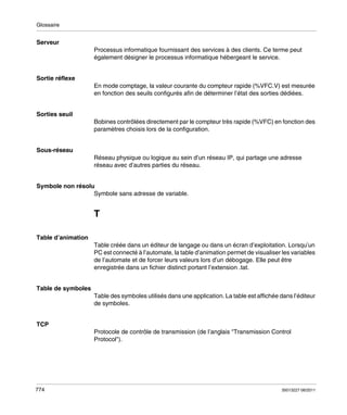 Glossaire

Serveur
Processus informatique fournissant des services à des clients. Ce terme peut
également désigner le processus informatique hébergeant le service.

Sortie réflexe
En mode comptage, la valeur courante du compteur rapide (%VFC.V) est mesurée
en fonction des seuils configurés afin de déterminer l’état des sorties dédiées.

Sorties seuil
Bobines contrôlées directement par le compteur très rapide (%VFC) en fonction des
paramètres choisis lors de la configuration.

Sous-réseau
Réseau physique ou logique au sein d’un réseau IP, qui partage une adresse
réseau avec d’autres parties du réseau.

Symbole non résolu
Symbole sans adresse de variable.

T
Table d’animation
Table créée dans un éditeur de langage ou dans un écran d’exploitation. Lorsqu’un
PC est connecté à l’automate, la table d’animation permet de visualiser les variables
de l’automate et de forcer leurs valeurs lors d’un débogage. Elle peut être
enregistrée dans un fichier distinct portant l’extension .tat.

Table de symboles
Table des symboles utilisés dans une application. La table est affichée dans l’éditeur
de symboles.

TCP
Protocole de contrôle de transmission (de l’anglais "Transmission Control
Protocol").

774

35013227 06/2011

 