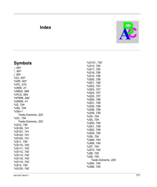 TwidoSuite V2.3
Index
35013227 06/2011

B
C
A

Index

Symbols
-, 691
*, 691
/, 691
%Ci, 507
%DR, 567
%FC, 573
%INW, 41
%MSG, 589
%PLS, 564
%PWM, 560
%QNW, 41
%S, 734
%S0, 734
%S0=1
Twido Extreme, 225
%S1, 734
Twido Extreme, 225
%S10, 735
%S100, 741
%S101, 741
%S103, 741
%S104, 741
%S11, 735
%S110, 742
%S111, 742
%S112, 742
%S113, 742
%S118, 742
%S119, 742
%S12, 735
%S120, 742
35013227 06/2011

%S121, 742
%S13, 735
%S17, 735
%S18, 736
%S19, 736
%S20, 736
%S21, 736
%S22, 737
%S23, 737
%S24, 737
%S25, 737
%S26, 738
%S31, 738
%S33, 738
%S38, 738
%S39, 739
%S4, 734
%S5, 734
%S50, 739
%S51, 739
%S52, 739
%S59, 739
%S6, 734
%S66, 740
%S69, 740
%S7, 734
%S75, 740
%S8, 735
%S9, 735
Twido Extreme, 225
%S95, 740
%S96, 740
777

 