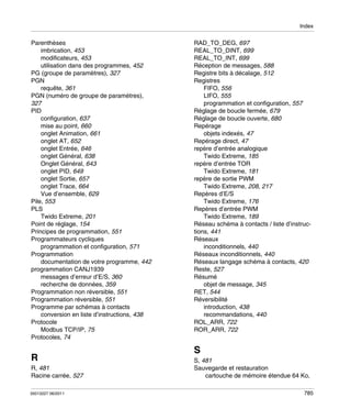 Index

Parenthèses
imbrication, 453
modificateurs, 453
utilisation dans des programmes, 452
PG (groupe de paramètres), 327
PGN
requête, 361
PGN (numéro de groupe de paramètres),
327
PID
configuration, 637
mise au point, 660
onglet Animation, 661
onglet AT, 652
onglet Entrée, 646
onglet Général, 638
Onglet Général, 643
onglet PID, 649
onglet Sortie, 657
onglet Trace, 664
Vue d’ensemble, 629
Pile, 553
PLS
Twido Extreme, 201
Point de réglage, 154
Principes de programmation, 551
Programmateurs cycliques
programmation et configuration, 571
Programmation
documentation de votre programme, 442
programmation CANJ1939
messages d’erreur d’E/S, 360
recherche de données, 359
Programmation non réversible, 551
Programmation réversible, 551
Programme par schémas à contacts
conversion en liste d’instructions, 438
Protocole
Modbus TCP/IP, 75
Protocoles, 74

R
R, 481
Racine carrée, 527
35013227 06/2011

RAD_TO_DEG, 697
REAL_TO_DINT, 699
REAL_TO_INT, 699
Réception de messages, 588
Registre bits à décalage, 512
Registres
FIFO, 556
LIFO, 555
programmation et configuration, 557
Réglage de boucle fermée, 679
Réglage de boucle ouverte, 680
Repérage
objets indexés, 47
Repérage direct, 47
repère d’entrée analogique
Twido Extreme, 185
repère d’entrée TOR
Twido Extreme, 181
repère de sortie PWM
Twido Extreme, 208, 217
Repères d’E/S
Twido Extreme, 176
Repères d’entrée PWM
Twido Extreme, 189
Réseau schéma à contacts / liste d’instructions, 441
Réseaux
inconditionnels, 440
Réseaux inconditionnels, 440
Réseaux langage schéma à contacts, 420
Reste, 527
Résumé
objet de message, 345
RET, 544
Réversibilité
introduction, 438
recommandations, 440
ROL_ARR, 722
ROR_ARR, 722

S
S, 481
Sauvegarde et restauration
cartouche de mémoire étendue 64 Ko,
785

 