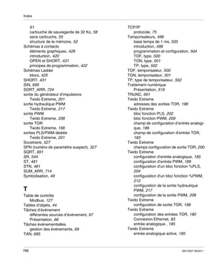 Index

61
cartouche de sauvegarde de 32 Ko, 58
sans cartouche, 55
structure de la mémoire, 52
Schémas à contacts
éléments graphiques, 428
introduction, 420
OPEN et SHORT, 431
principes de programmation, 422
Schémas Ladder
blocs, 425
SHORT, 431
SIN, 695
SORT_ARR, 724
sortie du générateur d’impulsions
Twido Extreme, 201
sortie hydraulique PWM
Twido Extreme, 217
sortie PWM
Twido Extreme, 208
sortie TOR
Twido Extreme, 198
sorties PLS/PWM dédiée
Twido Extreme, 201
Soustraire, 527
SPN (numéro de paramètre suspect), 327
SQRT, 691
SR, 544
ST, 481
STN, 481
SUM_ARR, 714
Symbolisation, 49

T
Table de contrôle
Modbus, 127
Tables d’objets, 44
Tâches d’événement
différentes sources d’événement, 67
Présentation, 66
Tâches événementielles
gestion des événements, 69
TAN, 695

786

TCP/IP
protocole, 75
Temporisateurs, 498
base temps de 1 ms, 505
introduction, 498
programmation et configuration, 504
TOF, type, 500
TON, type, 501
TP, type, 502
TOF, temporisateur, 500
TON, temporisateur, 501
TP, type de temporisateur, 502
Traitement numérique
Présentation, 519
TRUNC, 691
Twido Extreme
adresses des sorties TOR, 198
Twido Extreme
bloc fonction PLS, 202
bloc fonction PWM, 209
champ de configuration d’entrée analogique, 186
champ de configuration d’entrée TOR,
183
Twido Extreme
champs configuration de sortie TOR, 200
Twido Extreme
configuration d’entrée analogique, 185
configuration d’entrée PWM, 189
configuration d’un bloc fonction %PLS,
204
configuration d’un bloc fonction %PWM,
212
configuration de la sortie hydraulique
PWM, 217
configuration de la sortie PWM, 208
Twido Extreme
configuration de sortie TOR, 198
Twido Extreme
configuration des entrées TOR, 180
Connexion Ethernet, 83
entrée analogique , 185
Twido Extreme
entrée analogique active, 185

35013227 06/2011

 
