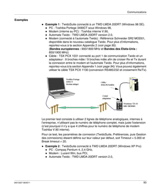 Communications

Exemples
Exemple 1 : TwidoSuite connecté à un TWD LMDA 20DRT (Windows 98 SE).
PC : Toshiba Portege 3490CT sous Windows 98,
Modem (interne au PC) : Toshiba interne V.90,
Automate Twido : TWD LMDA 20DRT version 2.0,
Modem (connecté à l’automate Twido) : Référence Schneider SR2 MOD01,
disponible dans le nouveau catalogue Twido. Pour plus d’informations,
reportez-vous à la section Appendix 2 (voir page 95).
(Bandes européennes : 900/1800 MHz et Bandes des Etats-Unis :
850/1900 MHz)
Câble : TSX PCX 1031 connecté au port 1 de communication Twido et un
adaptateur : 9 broches mâle / 9 broches mâle afin de croiser Rx et Tx durant
la connexion entre le modem et l’automate Twido. Pour plus d’informations,
reportez-vous à la section Appendix 1 (voir page 94). Vous pouvez également
utiliser le câble TSX PCX 1130 (conversion RS485/232 et croisement Rx/Tx).

Le premier test consiste à utiliser 2 lignes de téléphone analogiques, internes à
l’entreprise, n’utilisant pas le numéro de téléphone complet, mais juste l’extension
(c’est pourquoi il n’y a que 4 chiffres pour le numéro de téléphone de modem
Toshiba V.90 interne).
Pour ce test, les paramètres de connexion (TwidoSuite, Préférences, puis Gestion
des connexions) étaient définis sur leur valeur par défaut, soit Timeout = 5.000 et
Break timeout = 20.
Exemple 2 : TwidoSuite connecté à TWD LMDA 20DRT (Windows XP Pro)
PC : Compaq Pentium 4, 2,4 GHz,
Modem : Lucent Win, bus PCI,
Automate Twido : TWD LMDA 20DRT version 2.0,

35013227 06/2011

93

 