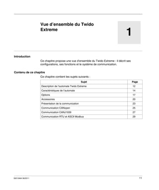 Automate programmable Twido Extrême
Vue d’ensemble de Twido
35013464 06/2011

Vue d’ensemble du Twido
Extreme

1

Introduction
Ce chapitre propose une vue d’ensemble du Twido Extreme : il décrit ses
configurations, ses fonctions et le système de communication.
Contenu de ce chapitre
Ce chapitre contient les sujets suivants :
Sujet

Page

Description de l’automate Twido Extreme
Caractéristiques de l’automate

14

Options

17

Accessoires

20

Présentation de la communication

23

Communication CANopen

25

Communication CANJ1939

27

Communication RTU et ASCII Modbus

35013464 06/2011

12

29

11

 
