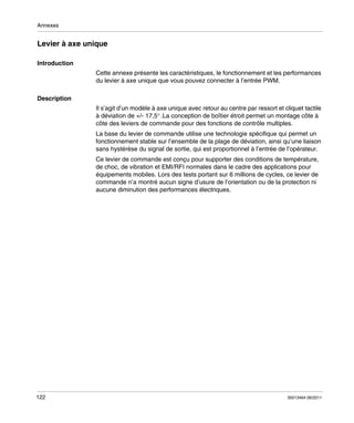 Annexes

Levier à axe unique
Introduction
Cette annexe présente les caractéristiques, le fonctionnement et les performances
du levier à axe unique que vous pouvez connecter à l’entrée PWM.
Description
Il s’agit d’un modèle à axe unique avec retour au centre par ressort et cliquet tactile
à déviation de +/- 17,5° .La conception de boîtier étroit permet un montage côte à
côte des leviers de commande pour des fonctions de contrôle multiples.
La base du levier de commande utilise une technologie spécifique qui permet un
fonctionnement stable sur l’ensemble de la plage de déviation, ainsi qu’une liaison
sans hystérèse du signal de sortie, qui est proportionnel à l’entrée de l’opérateur.
Ce levier de commande est conçu pour supporter des conditions de température,
de choc, de vibration et EMI/RFI normales dans le cadre des applications pour
équipements mobiles. Lors des tests portant sur 6 millions de cycles, ce levier de
commande n’a montré aucun signe d’usure de l’orientation ou de la protection ni
aucune diminution des performances électriques.

122

35013464 06/2011

 