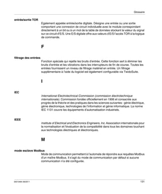 Glossaire

entrée/sortie TOR
Egalement appelée entrée/sortie digitale. Désigne une entrée ou une sortie
comportant une connexion de circuit individuelle avec le module correspondant
directement à un bit ou à un mot de la table de données stockant la valeur du signal
sur ce circuit d’E/S. Une E/S digitale offre aux valeurs d’E/S l’accès TOR à la logique
de commande.

F
filtrage des entrées
Fonction spéciale qui rejette les bruits d’entrée. Cette fonction sert à éliminer les
bruits d’entrée et les vibrations dans les interrupteurs de fin de course. Toutes les
entrées fournissent un niveau de filtrage matériel en entrée. Un filtrage
supplémentaire à l’aide du logiciel est également configurable via TwidoSuite.

I
IEC
International Electrotechnical Commission (commission électrotechnique
internationale). Commission fondée officiellement en 1906 et consacrée aux
progrès de la théorie et des pratiques dans les sciences suivantes : génie électrique,
génie électronique, technologies de l’information et génie informatique. La norme
IEC 1131 couvre les équipements d’automatisation industriels.

IEEE
Institute of Electrical and Electronics Engineers, Inc. Association internationale pour
la normalisation et l’évaluation de la compatibilité dans tous les domaines touchant
aux technologies électriques et électroniques.

M
mode esclave Modbus
Mode de communication permettant à l’automate de répondre aux requêtes Modbus
d’un maître Modbus. Il s’agit du mode de communication par défaut si aucune
communication n’a été configurée.

35013464 06/2011

131

 