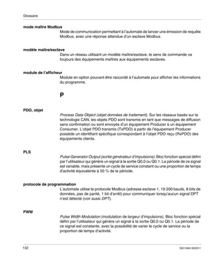 Glossaire

mode maître Modbus
Mode de communication permettant à l’automate de lancer une émission de requête
Modbus, avec une réponse attendue d’un esclave Modbus.

modèle maître/esclave
Dans un réseau utilisant un modèle maître/esclave, le sens de commande va
toujours des équipements maîtres aux équipements esclaves.

module de l’afficheur
Module en option pouvant être raccordé à l’automate pour afficher les informations
du programme.

P
PDO, objet
Process Data Object (objet données de traitement). Sur les réseaux basés sur la
technologie CAN, les objets PDO sont transmis en tant que messages de diffusion
sans confirmation ou sont envoyés d’un équipement Producer à un équipement
Consumer. L’objet PDO transmis (TxPDO) à partir de l’équipement Producer
possède un identifiant spécifique correspondant à l’objet PDO reçu (RxPDO) des
équipements clients.

PLS
Pulse Generator Output (sortie générateur d’impulsions). Bloc fonction spécial défini
par l’utilisateur qui génère un signal à la sortie Q0.0 ou Q0.1. La période de ce signal
est variable, mais présente un cycle de service constant ou une proportion de temps
d’activité équivalente à 50 % de la période.

protocole de programmation
L’automate utilise le protocole Modbus (adresse esclave 1, 19 200 bauds, 8 bits de
données, pas de parité, 1 bit d’arrêt) pour communiquer lorsqu’aucun signal DPT
n’est détecté (voir aussi DPT).

PWM
Pulse Width Modulation (modulation de largeur d’impulsions). Bloc fonction spécial
défini par l’utilisateur qui génère un signal à la sortie Q0.0 ou Q0.1. La période de
ce signal est constante, avec la possibilité de varier le cycle de service ou la
proportion de temps d’activité.

132

35013464 06/2011

 