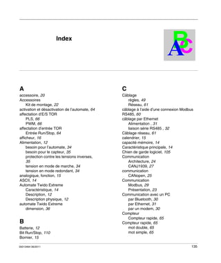 Automate programmable Twido Extrême
Index
35013464 06/2011

B
C
A

Index

A

C

accessoire, 20
Accessoires
Kit de montage, 22
activation et désactivation de l’automate, 64
affectation d’E/S TOR
PLS, 66
PWM, 66
affectation d’entrée TOR
Entrée Run/Stop, 64
afficheur, 16
Alimentation, 12
besoin pour l’automate, 34
besoin pour le capteur, 35
protection contre les tensions inverses,
35
tension en mode de marche, 34
tension en mode redondant, 34
analogique, fonction, 15
ASCII, 14
Automate Twido Extreme
Caractéristique, 14
Description, 12
Description physique, 12
automate Twido Extreme
dimension, 36

Câblage
règles, 49
Réseau, 61
câblage à l’aide d’une connexion Modbus
RS485, 60
câblage par Ethernet
Alimentation , 31
liaison série RS485 , 32
Câblage réseau, 61
calendrier, 15
capacité mémoire, 14
Caractéristique principale, 14
Chien de garde logiciel, 105
Communication
Architecture, 24
CANJ1939, 27
communication
CANopen, 25
Communication
Modbus, 29
Présentation, 23
Communication avec un PC
par Bluetooth, 30
par Ethernet, 31
par un modem, 30
Compteur
Compteur rapide, 65
Compteur rapide, 65
mot double, 65
mot simple, 65

B
Batterie, 12
Bit Run/Stop, 110
Bornier, 15
35013464 06/2011

135

 
