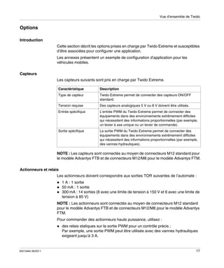 Vue d’ensemble de Twido

Options
Introduction
Cette section décrit les options prises en charge par Twido Extreme et susceptibles
d’être associées pour configurer une application.
Les annexes présentent un exemple de configuration d’application pour les
véhicules mobiles.
Capteurs
Les capteurs suivants sont pris en charge par Twido Extreme.
Caractéristique

Description

Type de capteur

Twido Extreme permet de connecter des capteurs ON/OFF
standard.

Tension requise

Des capteurs analogiques 5 V ou 8 V doivent être utilisés.

Entrée spécifique

L’entrée PWM du Twido Extreme permet de connecter des
équipements dans des environnements extrêmement difficiles
qui nécessitent des informations proportionnelles (par exemple,
un levier à axe unique ou un levier de commande).

Sortie spécifique

La sortie PWM du Twido Extreme permet de connecter des
équipements dans des environnements extrêmement difficiles
qui nécessitent des informations proportionnelles (par exemple,
des vannes hydrauliques).

NOTE : Les capteurs sont connectés au moyen de connecteurs M12 standard pour
le modèle Advantys FTB et de connecteurs M12/M8 pour le modèle Advantys FTM.
Actionneurs et relais
Les actionneurs doivent correspondre aux sorties TOR suivantes de l’automate :
1 A : 1 sortie
50 mA : 1 sortie
300 mA : 14 sorties (8 avec une limite de tension à 150 V et 6 avec une limite de
tension à 85 V)
NOTE : Les actionneurs sont connectés au moyen de connecteurs M12 standard
pour le modèle Advantys FTB et de connecteurs M12/M8 pour le modèle Advantys
FTM.
Pour commander des actionneurs haute puissance, utilisez :
des relais statiques sur la sortie PWM pour un contrôle précis ;
Par exemple, une sortie PWM peut être utilisée avec des vannes hydrauliques
exigeant jusqu’à 3 A.

35013464 06/2011

17

 