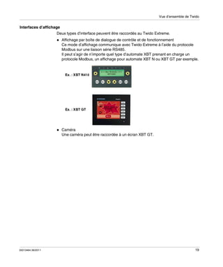 Vue d’ensemble de Twido

Interfaces d’affichage
Deux types d’interface peuvent être raccordés au Twido Extreme.
Affichage par boîte de dialogue de contrôle et de fonctionnement
Ce mode d’affichage communique avec Twido Extreme à l’aide du protocole
Modbus sur une liaison série RS485.
Il peut s’agir de n’importe quel type d’automate XBT prenant en charge un
protocole Modbus, un affichage pour automate XBT N ou XBT GT par exemple.

Caméra
Une caméra peut être raccordée à un écran XBT GT.

35013464 06/2011

19

 