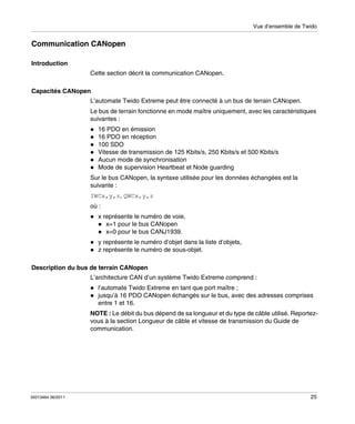 Vue d’ensemble de Twido

Communication CANopen
Introduction
Cette section décrit la communication CANopen.
Capacités CANopen
L’automate Twido Extreme peut être connecté à un bus de terrain CANopen.
Le bus de terrain fonctionne en mode maître uniquement, avec les caractéristiques
suivantes :
16 PDO en émission
16 PDO en réception
100 SDO
Vitesse de transmission de 125 Kbits/s, 250 Kbits/s et 500 Kbits/s
Aucun mode de synchronisation
Mode de supervision Heartbeat et Node guarding
Sur le bus CANopen, la syntaxe utilisée pour les données échangées est la
suivante :
IWCx,y,z, QWCx,y,z
où :
x représente le numéro de voie,
x=1 pour le bus CANopen
x=0 pour le bus CANJ1939.
y représente le numéro d’objet dans la liste d’objets,
z représente le numéro de sous-objet.
Description du bus de terrain CANopen
L’architecture CAN d’un système Twido Extreme comprend :
l’automate Twido Extreme en tant que port maître ;
jusqu’à 16 PDO CANopen échangés sur le bus, avec des adresses comprises
entre 1 et 16.
NOTE : Le débit du bus dépend de sa longueur et du type de câble utilisé. Reportezvous à la section Longueur de câble et vitesse de transmission du Guide de
communication.

35013464 06/2011

25

 