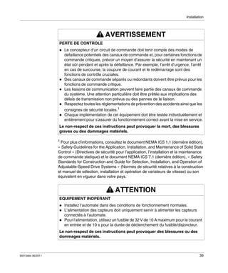 Installation

AVERTISSEMENT
PERTE DE CONTROLE
Le concepteur d’un circuit de commande doit tenir compte des modes de
défaillance potentiels des canaux de commande et, pour certaines fonctions de
commande critiques, prévoir un moyen d’assurer la sécurité en maintenant un
état sûr pendant et après la défaillance. Par exemple, l’arrêt d’urgence, l’arrêt
en cas de surcourse, la coupure de courant et le redémarrage sont des
fonctions de contrôle cruciales.
Des canaux de commande séparés ou redondants doivent être prévus pour les
fonctions de commande critique.
Les liaisons de communication peuvent faire partie des canaux de commande
du système. Une attention particulière doit être prêtée aux implications des
délais de transmission non prévus ou des pannes de la liaison.
Respectez toutes les réglementations de prévention des accidents ainsi que les
consignes de sécurité locales.1
Chaque implémentation de cet équipement doit être testée individuellement et
entièrement pour s’assurer du fonctionnement correct avant la mise en service.
Le non-respect de ces instructions peut provoquer la mort, des blessures
graves ou des dommages matériels.
1 Pour plus d’informations, consultez le document NEMA ICS 1.1 (dernière édition),

« Safety Guidelines for the Application, Installation, and Maintenance of Solid State
Control » (Directives de sécurité pour l’application, l’installation et la maintenance
de commande statique) et le document NEMA ICS 7.1 (dernière édition), « Safety
Standards for Construction and Guide for Selection, Installation, and Operation of
Adjustable-Speed Drive Systems » (Normes de sécurité relatives à la construction
et manuel de sélection, installation et opération de variateurs de vitesse) ou son
équivalent en vigueur dans votre pays.

ATTENTION
EQUIPEMENT INOPERANT
Installez l’automate dans des conditions de fonctionnement normales.
L’alimentation des capteurs doit uniquement servir à alimenter les capteurs
connectés à l’automate.
Pour l’alimentation, utilisez un fusible de 32 V de 10 A maximum pour le courant
en entrée et de 10 s pour la durée de déclenchement du fusible/disjoncteur.
Le non-respect de ces instructions peut provoquer des blessures ou des
dommages matériels.

35013464 06/2011

39

 