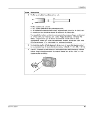 Installation

Etape Description
2

Vérifiez la dénudation du câble comme suit.

Vérifiez les éléments suivants :
tous les fils conducteurs doivent être enserrés ;
les fils élémentaires dénudés doivent dépasser de la sertissure du conducteur ;
l’isolant doit être écarté de la zone de sertissure du conducteur.
Pour plus d’informations sur les dimensions de sertissure pour chaque combinaison
de contact-câble, reportez-vous à la section Règles de câblage (voir page 49).
Utilisez uniquement le type de douille recommandé avec la taille de câble
appropriée et vérifiez que vous avez bien inséré et fixé la douille et le câble dans
l’outil de sertissage. Si ce n’est pas le cas, effectuez le réglage.
3
4

35013464 06/2011

Sertissez les douilles à l’aide du couple de serrage de la vis Allen du connecteur.
Le couple de serrage de la vis Allen du connecteur est de 6 +/- 1 N-m (53+/-9 lbf-in).
Enfichez toutes les douilles dont vous avez besoin dans les connecteurs comme
indiqué dans la figure ci-dessous. Poussez la douille vers le haut jusqu’à ce que
vous entendiez un déclic :

41

 
