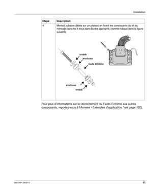 Installation

Etape

Description

4

Montez la base câblée sur un plateau en fixant les composants du kit du
montage dans les 4 trous dans l’ordre approprié, comme indiqué dans la figure
suivante.

Pour plus d’informations sur le raccordement du Twido Extreme aux autres
composants, reportez-vous à l’Annexe - Exemples d’application (voir page 120).

35013464 06/2011

45

 