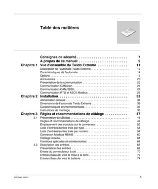 Table des matières

Consignes de sécurité . . . . . . . . . . . . . . . . . . . . . . . . . . .
A propos de ce manuel . . . . . . . . . . . . . . . . . . . . . . . . . .
Chapitre 1 Vue d’ensemble du Twido Extreme . . . . . . . . . . . . . . . .
Description de l’automate Twido Extreme. . . . . . . . . . . . . . . . . . . . . . . . .
Caractéristiques de l’automate . . . . . . . . . . . . . . . . . . . . . . . . . . . . . . . . .
Options . . . . . . . . . . . . . . . . . . . . . . . . . . . . . . . . . . . . . . . . . . . . . . . . . . .
Accessoires . . . . . . . . . . . . . . . . . . . . . . . . . . . . . . . . . . . . . . . . . . . . . . . .
Présentation de la communication . . . . . . . . . . . . . . . . . . . . . . . . . . . . . .
Communication CANopen. . . . . . . . . . . . . . . . . . . . . . . . . . . . . . . . . . . . .
Communication CANJ1939 . . . . . . . . . . . . . . . . . . . . . . . . . . . . . . . . . . . .
Communication RTU et ASCII Modbus. . . . . . . . . . . . . . . . . . . . . . . . . . .

Chapitre 2 Installation. . . . . . . . . . . . . . . . . . . . . . . . . . . . . . . . . . . . .
Alimentation requise . . . . . . . . . . . . . . . . . . . . . . . . . . . . . . . . . . . . . . . . .
Dimensions de l’automate Twido Extreme . . . . . . . . . . . . . . . . . . . . . . . .
Caractéristiques environnementales . . . . . . . . . . . . . . . . . . . . . . . . . . . . .
Instructions de montage . . . . . . . . . . . . . . . . . . . . . . . . . . . . . . . . . . . . . .

Chapitre 3 Règles et recommandations de câblage . . . . . . . . . . . .
3.1 Présentation du câblage . . . . . . . . . . . . . . . . . . . . . . . . . . . . . . . . . . . . . .
Règles et recommandations de câblage . . . . . . . . . . . . . . . . . . . . . . . . . .
Emplacement des contacts sur le connecteur. . . . . . . . . . . . . . . . . . . . . .
Liste d’entrées/sorties triée par type . . . . . . . . . . . . . . . . . . . . . . . . . . . . .
Liste d’entrées/sorties triée par numéro . . . . . . . . . . . . . . . . . . . . . . . . . .
Connexion Modbus RS485 . . . . . . . . . . . . . . . . . . . . . . . . . . . . . . . . . . .
Câblage réseau . . . . . . . . . . . . . . . . . . . . . . . . . . . . . . . . . . . . . . . . . . . . .
Fonctions spéciales et entrées/sorties . . . . . . . . . . . . . . . . . . . . . . . . . . .
3.2 Description des entrées. . . . . . . . . . . . . . . . . . . . . . . . . . . . . . . . . . . . . . .
Présentation des entrées . . . . . . . . . . . . . . . . . . . . . . . . . . . . . . . . . . . . .
Entrée du commutateur à clé . . . . . . . . . . . . . . . . . . . . . . . . . . . . . . . . . .
Entrées Basculer vers la mise à la terre . . . . . . . . . . . . . . . . . . . . . . . . . .
Entrées Basculer vers la batterie . . . . . . . . . . . . . . . . . . . . . . . . . . . . . . .

35013464 06/2011

7
9
11
12
14
17
20
23
25
27
29

33
34
36
37
38

47
48
49
52
54
57
60
61
64
67
68
70
72
74

5

 