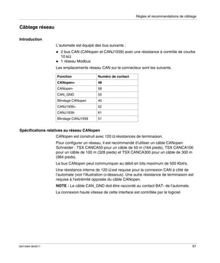 Règles et recommandations de câblage

Câblage réseau
Introduction
L’automate est équipé des bus suivants :
2 bus CAN (CANopen et CANJ1939) avec une résistance à contrôle de courbe
10 kΩ
1 réseau Modbus
Les emplacements réseau CAN sur le connecteur sont les suivants.
Fonction

Numéro de contact

CANopen+

48

CANopen-

58

CAN_GND

55

Blindage CANopen

40

CANJ1939+

52

CANJ1939-

61

Blindage CANJ1939

51

Spécifications relatives au réseau CANopen
CANopen est construit avec 120 Ω résistances de terminaison.
Pour configurer un réseau, il est recommandé d’utiliser un câble CANopen
Schneider : TSX CANCA50 pour un câble de 50 m (164 pieds), TSX CANCA100
pour un câble de 100 m (328 pieds) et TSX CANCA300 pour un câble de 300 m
(984 pieds).
Le bus CANopen peut communiquer au débit en bits maximum de 500 Kbit/s.
Une résistance interne de 120 Ω est requise pour la connexion CAN à côté de
l’automate (voir l’illustration ci-dessous). Une autre résistance de terminaison est
requise à l’extrémité opposée du câble CANopen.
NOTE : Le câble CAN_GND doit être raccordé au contact BAT- de l’automate.
La connexion haute vitesse de cette interface est contrôlée par le logiciel.

35013464 06/2011

61

 