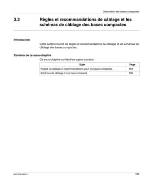 Description des bases compactes

3.3

Règles et recommandations de câblage et les
schémas de câblage des bases compactes

Introduction
Cette section fournit les règles et recommandations de câblage et les schémas de
câblage des bases compactes.
Contenu de ce sous-chapitre
Ce sous-chapitre contient les sujets suivants :
Sujet

Page

Règles de câblage et recommandations pour les bases compactes

35013236 06/2011

104

Schémas de câblage d’une base compacte

109

103

 