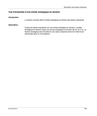 Description des bases modulaires

Vue d’ensemble d’une entrée analogique en tension
Introduction
La section suivante décrit l’entrée analogique en tension des bases modulaires.
Description
Toutes les bases modulaires ont une entrée analogique en tension. L’entrée
analogique en tension reçoit une source analogique en tension de 0 à 10 V cc. La
tension analogique est convertie en une valeur comprise entre 0 et 1023 et est
mémorisée dans un mot système.

35013236 06/2011

139

 