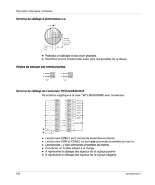 Description des bases modulaires

Schéma de câblage d’alimentation c.c.

Réalisez un câblage le plus court possible.
Branchez la terre fonctionnelle aussi près que possible de la plaque.
Règles de câblage des entrées/sorties

Schéma de câblage de l’automate TWDLMDA20-DUK
Ce schéma s’applique à la base TWDLMDA20DUK avec connecteur.

Les borniers COM(-) sont connectés ensemble en interne.
Les borniers COM et COM(-) ne sont pas connectés ensemble en interne.
Les borniers +V sont connectés ensemble en interne.
Connectez un fusible adapté à la charge.
A représente le câblage des signaux de la logique positive
B représente le câblage des signaux de la logique négative

148

35013236 06/2011

 