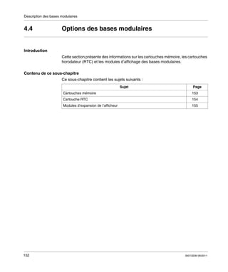 Description des bases modulaires

4.4

Options des bases modulaires

Introduction
Cette section présente des informations sur les cartouches mémoire, les cartouches
horodateur (RTC) et les modules d’affichage des bases modulaires.
Contenu de ce sous-chapitre
Ce sous-chapitre contient les sujets suivants :
Sujet
Cartouches mémoire

Page
153

Cartouche RTC

152

154

Modules d’expansion de l’afficheur

155

35013236 06/2011

 