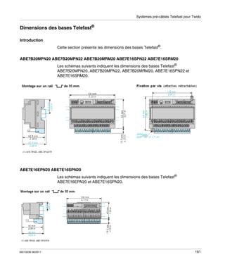Systèmes pré-câblés Telefast pour Twido

Dimensions des bases Telefast®
Introduction
Cette section présente les dimensions des bases Telefast®.
ABE7B20MPN20 ABE7B20MPN22 ABE7B20MRM20 ABE7E16SPN22 ABE7E16SRM20
Les schémas suivants indiquent les dimensions des bases Telefast®
ABE7B20MPN20, ABE7B20MPN22, ABE7B20MRM20, ABE7E16SPN22 et
ABE7E16SRM20.

ABE7E16EPN20 ABE7E16SPN20
Les schémas suivants indiquent les dimensions des bases Telefast®
ABE7E16EPN20 et ABE7E16SPN20.

35013236 06/2011

161

 