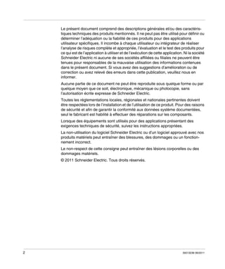 Le présent document comprend des descriptions générales et/ou des caractéristiques techniques des produits mentionnés. Il ne peut pas être utilisé pour définir ou
déterminer l’adéquation ou la fiabilité de ces produits pour des applications
utilisateur spécifiques. Il incombe à chaque utilisateur ou intégrateur de réaliser
l’analyse de risques complète et appropriée, l’évaluation et le test des produits pour
ce qui est de l’application à utiliser et de l’exécution de cette application. Ni la société
Schneider Electric ni aucune de ses sociétés affiliées ou filiales ne peuvent être
tenues pour responsables de la mauvaise utilisation des informations contenues
dans le présent document. Si vous avez des suggestions d’amélioration ou de
correction ou avez relevé des erreurs dans cette publication, veuillez nous en
informer.
Aucune partie de ce document ne peut être reproduite sous quelque forme ou par
quelque moyen que ce soit, électronique, mécanique ou photocopie, sans
l’autorisation écrite expresse de Schneider Electric.
Toutes les réglementations locales, régionales et nationales pertinentes doivent
être respectées lors de l’installation et de l’utilisation de ce produit. Pour des raisons
de sécurité et afin de garantir la conformité aux données système documentées,
seul le fabricant est habilité à effectuer des réparations sur les composants.
Lorsque des équipements sont utilisés pour des applications présentant des
exigences techniques de sécurité, suivez les instructions appropriées.
La non-utilisation du logiciel Schneider Electric ou d’un logiciel approuvé avec nos
produits matériels peut entraîner des blessures, des dommages ou un fonctionnement incorrect.
Le non-respect de cette consigne peut entraîner des lésions corporelles ou des
dommages matériels.
© 2011 Schneider Electric. Tous droits réservés.

2

35013236 06/2011

 