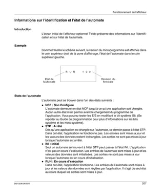 Fonctionnement de l’afficheur

Informations sur l’identification et l’état de l’automate
Introduction
L’écran initial de l’afficheur optionnel Twido présente des informations sur l’identification et sur l’état de l’automate.
Exemple
Comme l’illustre le schéma suivant, la version du microprogramme est affichée dans
le coin supérieur droit de la zone d’affichage, l’état de l’automate dans le coin
supérieur gauche.

Etats de l’automate
L’automate peut se trouver dans l’un des états suivants :
NCF : Non Configuré
L’automate demeure en état NCF jusqu’à ce qu’une application soit chargée.
Aucun autre état n’est permis avant le chargement du programme de
l’application. Vous pouvez tester les E/S en modifiant le bit système S8. (Se
reporter au Guide de programmation pour plus d’informations sur les bits
système et les mots système).
STP : Arrêté
Dès qu’une application est chargée sur l’automate, ce dernier passe à l’état STP.
Dans cet état, l’application ne fonctionne pas. Les entrées sont mises à jour et
les valeurs des données restent inchangées. Les sorties ne sont pas mises à jour
lorsque l’automate est arrêté.
INI : Initial
Seul un automate se trouvant à l’état STP peut passer à l’état INI. L’application
n’est pas en cours d’exécution. Les entrées de l’automate sont mises à jour et les
valeurs des données sont initialisées. Les sorties ne sont pas mises à jour
lorsque l’automate est en cours d’initialisation.
RUN : En cours d’exécution
Dans cet état, l’application fonctionne. Les entrées de l’automate sont mises à
jour et les valeurs des données sont réglées par l’application. Il s’agit du seul état
au cours duquel les sorties sont mises à jour.

35013236 06/2011

207

 