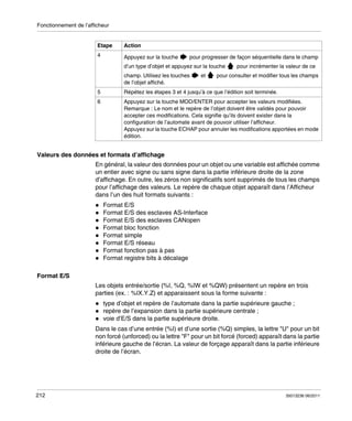 Fonctionnement de l’afficheur

Etape
4

Action
Appuyez sur la touche

pour progresser de façon séquentielle dans le champ

d’un type d’objet et appuyez sur la touche
champ. Utilisez les touches
de l’objet affiché.

et

pour incrémenter la valeur de ce

pour consulter et modifier tous les champs

5

Répétez les étapes 3 et 4 jusqu’à ce que l’édition soit terminée.

6

Appuyez sur la touche MOD/ENTER pour accepter les valeurs modifiées.
Remarque : Le nom et le repère de l’objet doivent être validés pour pouvoir
accepter ces modifications. Cela signifie qu’ils doivent exister dans la
configuration de l’automate avant de pouvoir utiliser l’afficheur.
Appuyez sur la touche ECHAP pour annuler les modifications apportées en mode
édition.

Valeurs des données et formats d’affichage
En général, la valeur des données pour un objet ou une variable est affichée comme
un entier avec signe ou sans signe dans la partie inférieure droite de la zone
d’affichage. En outre, les zéros non significatifs sont supprimés de tous les champs
pour l’affichage des valeurs. Le repère de chaque objet apparaît dans l’Afficheur
dans l’un des huit formats suivants :
Format E/S
Format E/S des esclaves AS-Interface
Format E/S des esclaves CANopen
Format bloc fonction
Format simple
Format E/S réseau
Format fonction pas à pas
Format registre bits à décalage
Format E/S
Les objets entrée/sortie (%I, %Q, %IW et %QW) présentent un repère en trois
parties (ex. : %IX.Y.Z) et apparaissent sous la forme suivante :
type d’objet et repère de l’automate dans la partie supérieure gauche ;
repère de l’expansion dans la partie supérieure centrale ;
voie d’E/S dans la partie supérieure droite.
Dans le cas d’une entrée (%I) et d’une sortie (%Q) simples, la lettre "U" pour un bit
non forcé (unforced) ou la lettre "F" pour un bit forcé (forced) apparaît dans la partie
inférieure gauche de l’écran. La valeur de forçage apparaît dans la partie inférieure
droite de l’écran.

212

35013236 06/2011

 